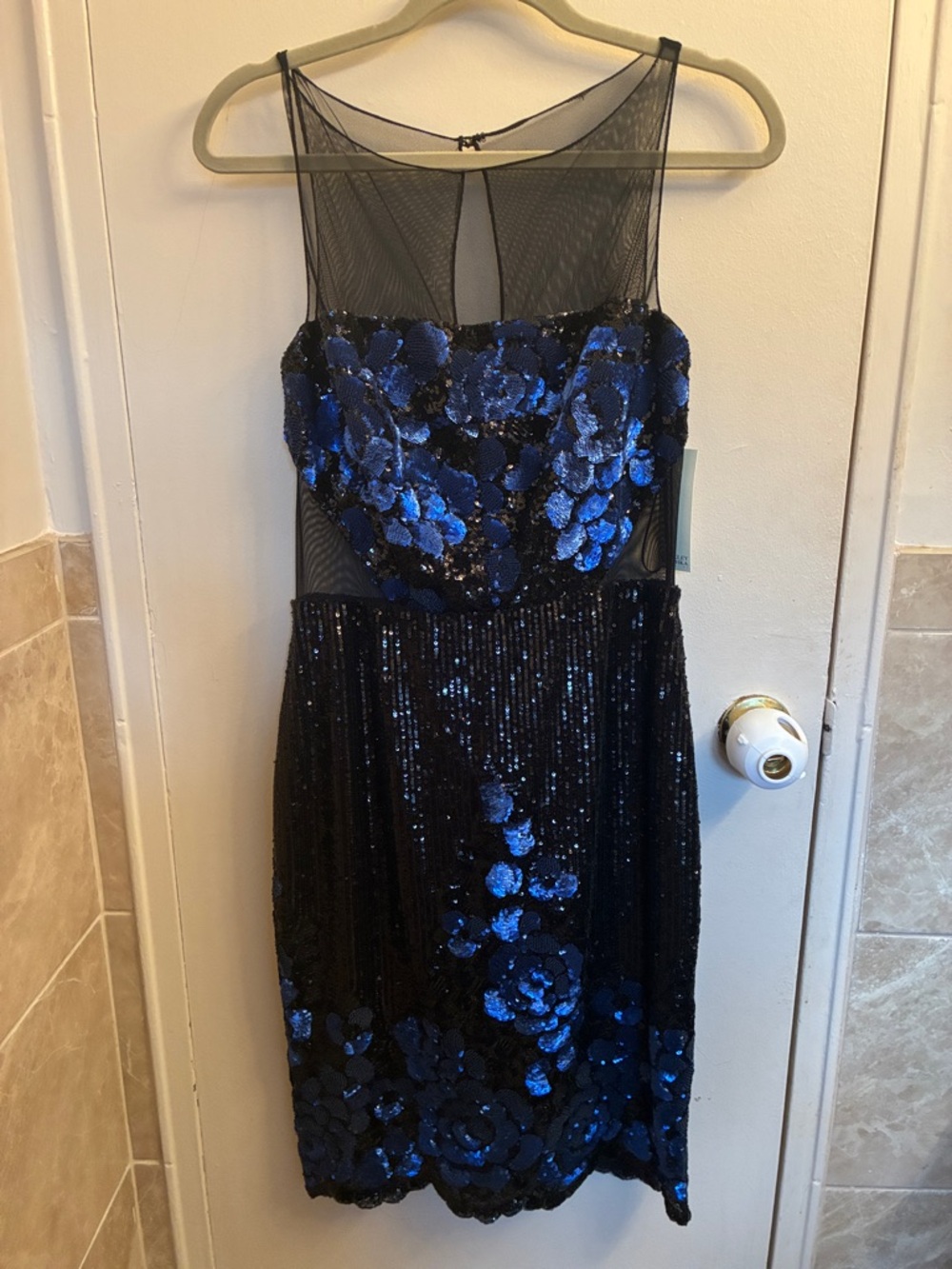 Badgley Mischka Black and Blue Sequin Floral Midi Dress